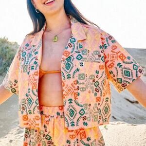 Lucy & Yak Orange Print Crop Shirt Linen Blend Button Down 4XL Boho